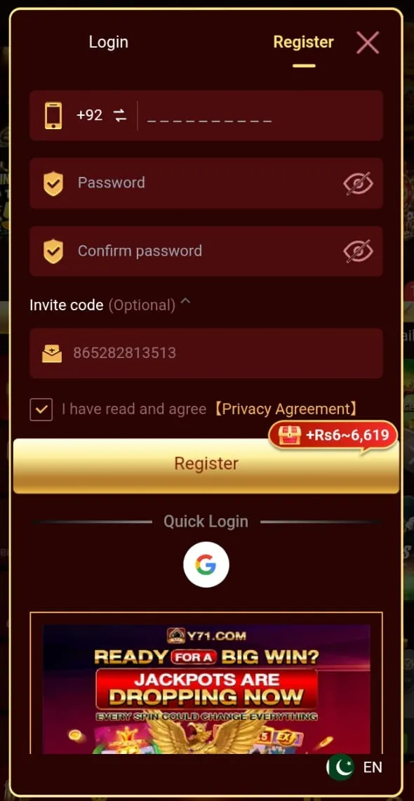 Y71 Game register signup with +92 and invite code